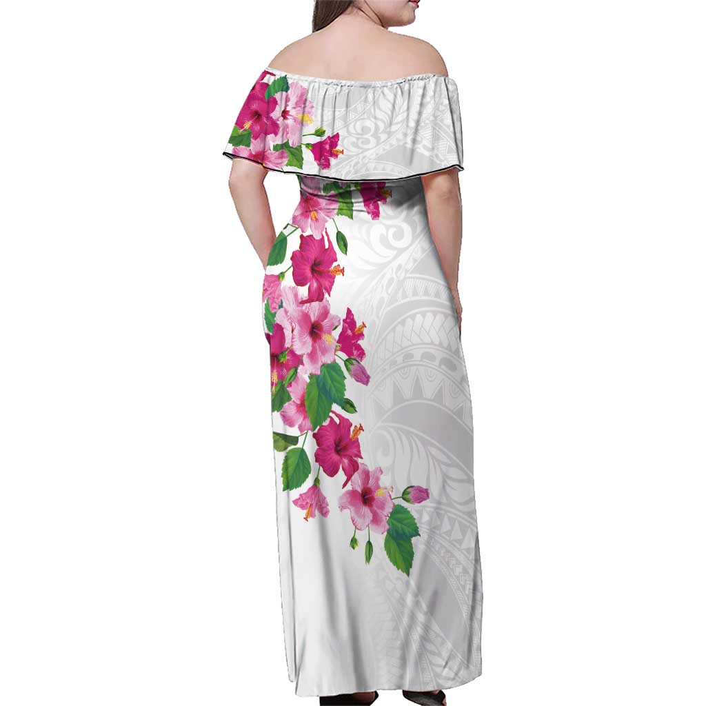 Hawaiian Hibiscus and Art Polynesian Tattoo Family Matching Off Shoulder Maxi Dress and Hawaiian Shirt White Color LT03 - Polynesian Pride