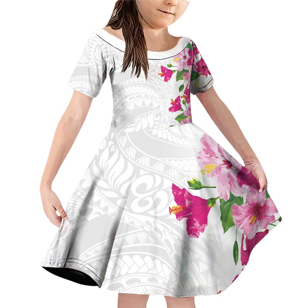 Hawaiian Hibiscus and Art Polynesian Tattoo Family Matching Off Shoulder Short Dress and Hawaiian Shirt White Color LT03 Daughter's Dress White - Polynesian Pride