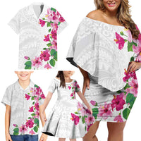 Hawaiian Hibiscus and Art Polynesian Tattoo Family Matching Off Shoulder Short Dress and Hawaiian Shirt White Color LT03 - Polynesian Pride