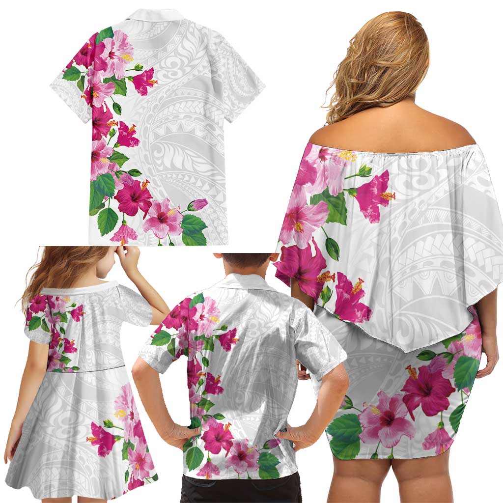 Hawaiian Hibiscus and Art Polynesian Tattoo Family Matching Off Shoulder Short Dress and Hawaiian Shirt White Color LT03 - Polynesian Pride