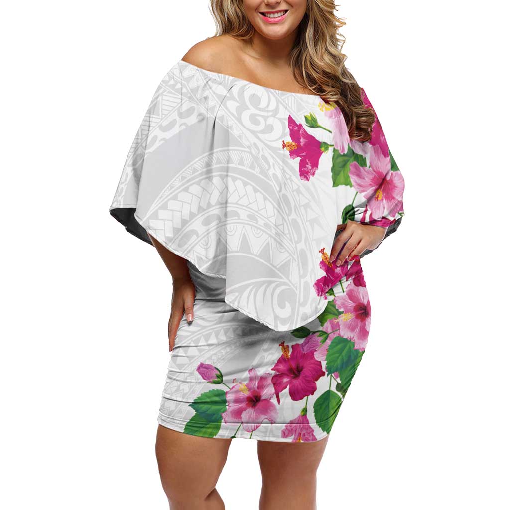 Hawaiian Hibiscus and Art Polynesian Tattoo Family Matching Off Shoulder Short Dress and Hawaiian Shirt White Color LT03 Mom's Dress White - Polynesian Pride