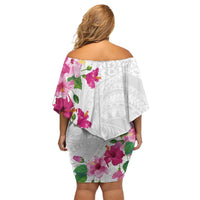 Hawaiian Hibiscus and Art Polynesian Tattoo Family Matching Off Shoulder Short Dress and Hawaiian Shirt White Color LT03 - Polynesian Pride