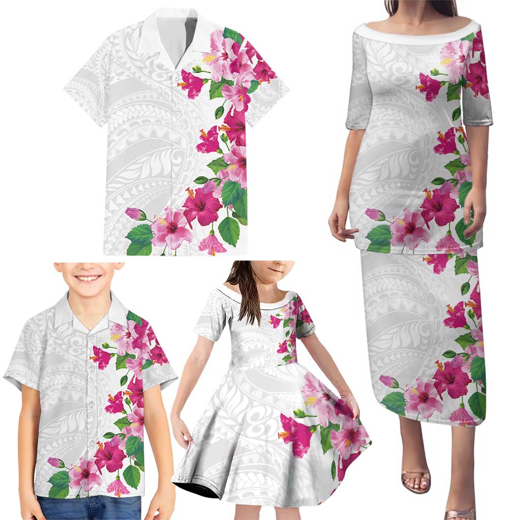 Hawaiian Hibiscus and Art Polynesian Tattoo Family Matching Puletasi and Hawaiian Shirt White Color LT03 - Polynesian Pride