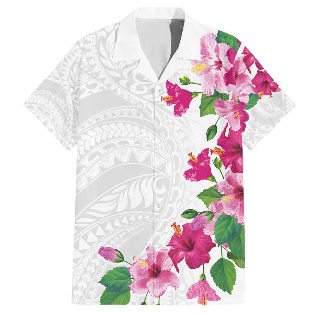 Hawaiian Hibiscus and Art Polynesian Tattoo Family Matching Puletasi and Hawaiian Shirt White Color LT03 Dad's Shirt - Short Sleeve White - Polynesian Pride