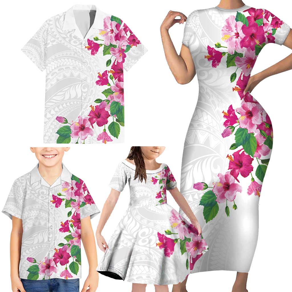 Hawaiian Hibiscus and Art Polynesian Tattoo Family Matching Short Sleeve Bodycon Dress and Hawaiian Shirt White Color LT03 - Polynesian Pride
