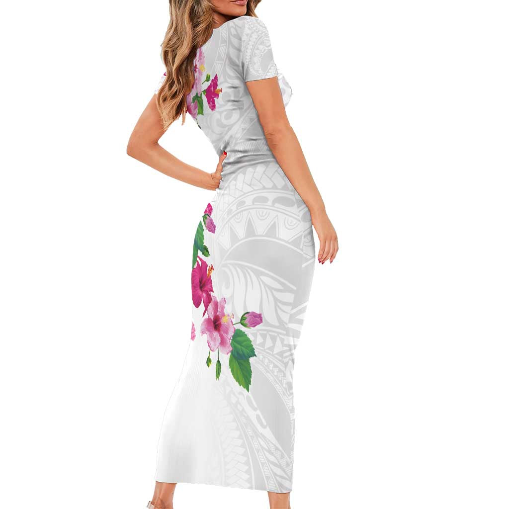 Hawaiian Hibiscus and Art Polynesian Tattoo Family Matching Short Sleeve Bodycon Dress and Hawaiian Shirt White Color LT03 - Polynesian Pride