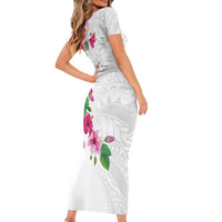 Hawaiian Hibiscus and Art Polynesian Tattoo Family Matching Short Sleeve Bodycon Dress and Hawaiian Shirt White Color LT03 - Polynesian Pride
