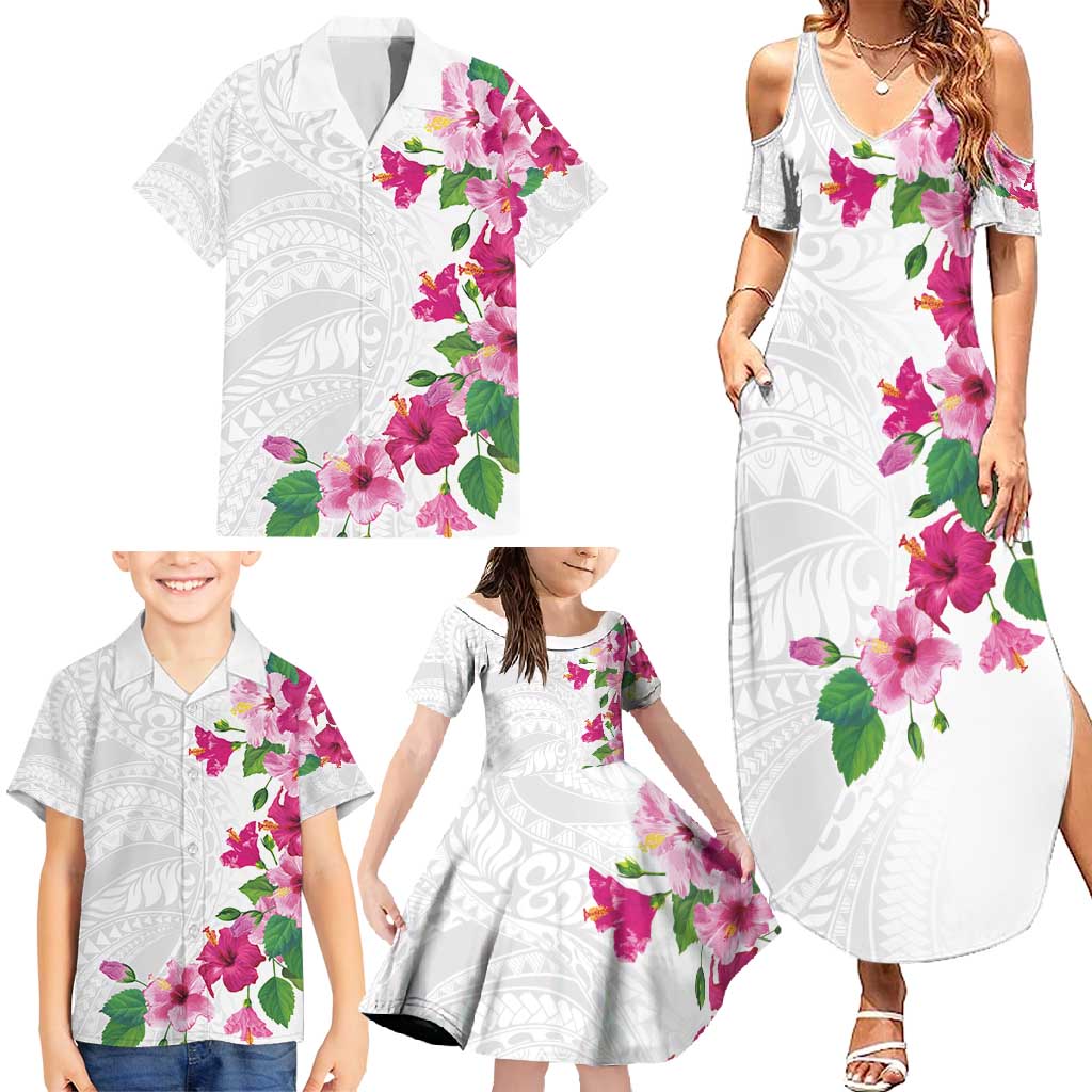 Hawaiian Hibiscus and Art Polynesian Tattoo Family Matching Summer Maxi Dress and Hawaiian Shirt White Color LT03 - Polynesian Pride