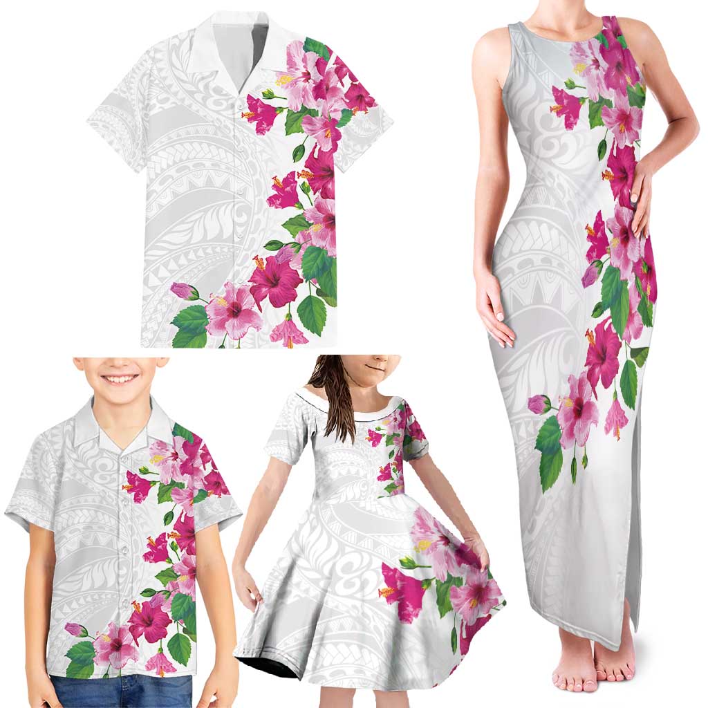 Hawaiian Hibiscus and Art Polynesian Tattoo Family Matching Tank Maxi Dress and Hawaiian Shirt White Color LT03 - Polynesian Pride