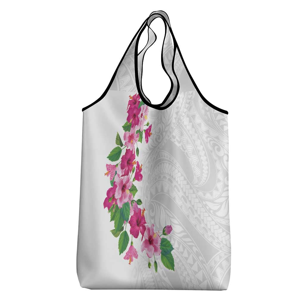 Hawaiian Hibiscus and Art Polynesian Tattoo Grocery Bag White Color