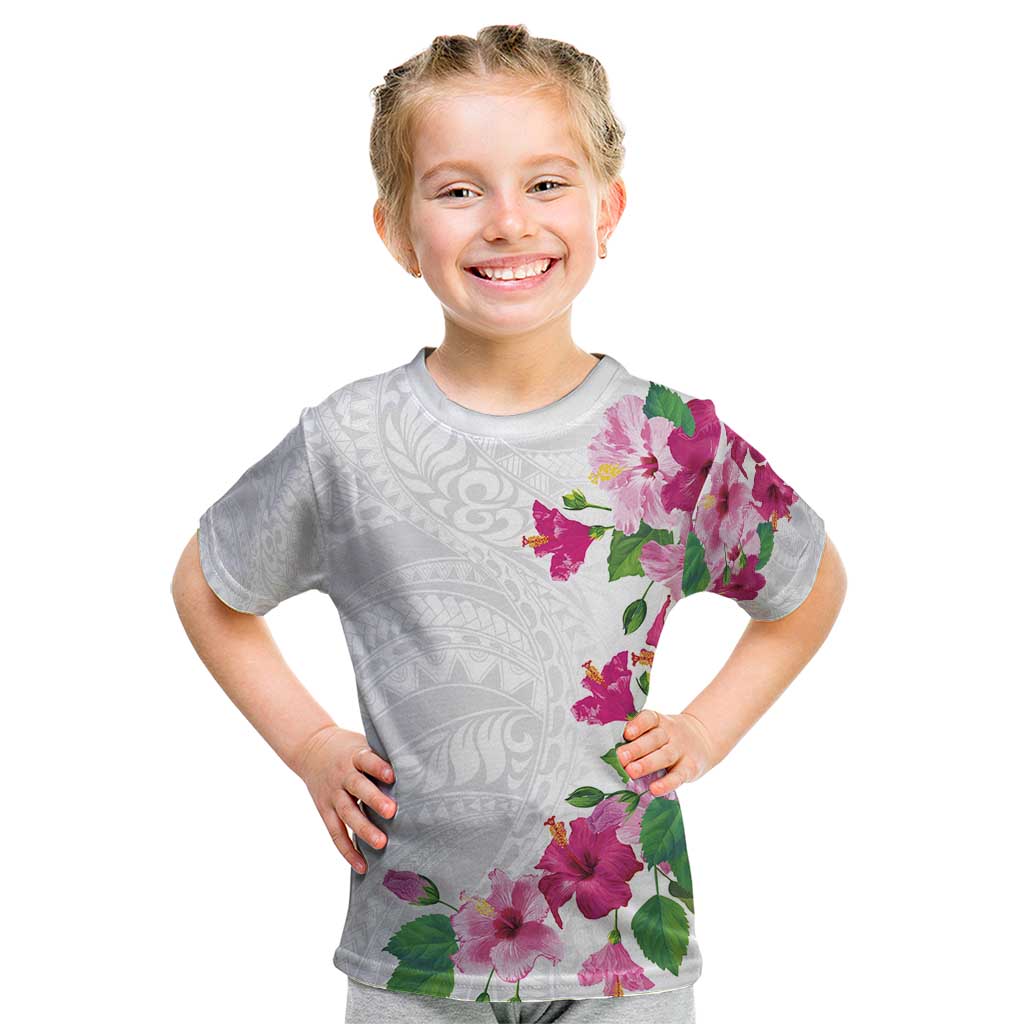 Hawaiian Hibiscus and Art Polynesian Tattoo Kid T Shirt White Color