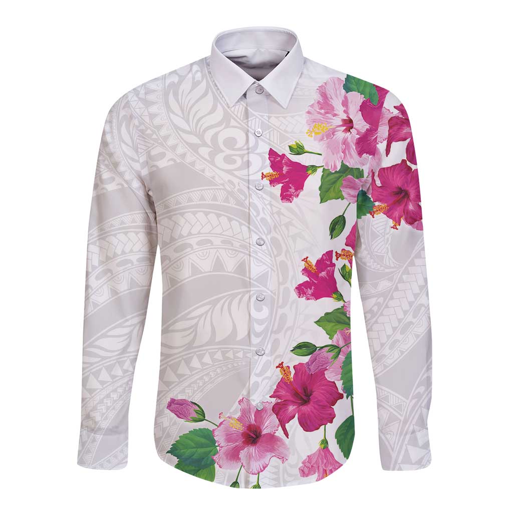 Hawaiian Hibiscus and Art Polynesian Tattoo Long Sleeve Button Shirt White Color