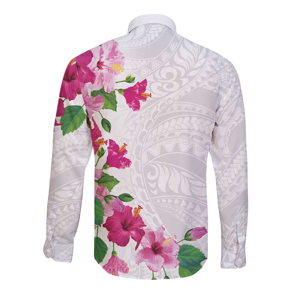 Hawaiian Hibiscus and Art Polynesian Tattoo Long Sleeve Button Shirt White Color