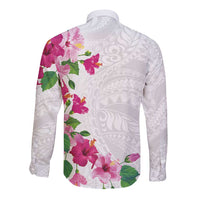 Hawaiian Hibiscus and Art Polynesian Tattoo Long Sleeve Button Shirt White Color