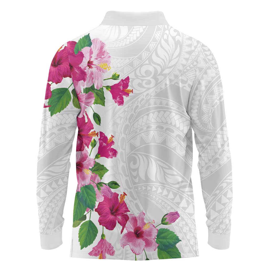 Hawaiian Hibiscus and Art Polynesian Tattoo Long Sleeve Polo Shirt White Color