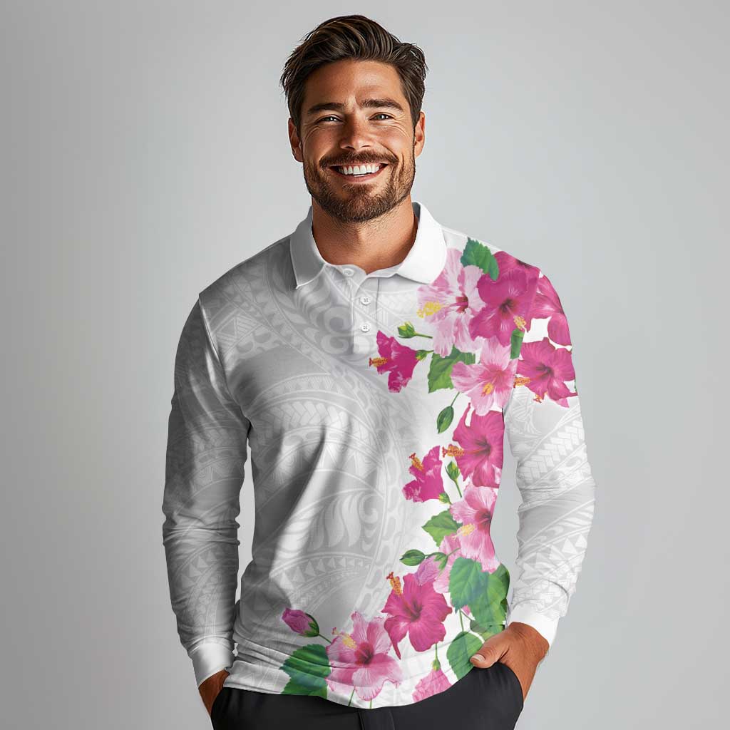 Hawaiian Hibiscus and Art Polynesian Tattoo Long Sleeve Polo Shirt White Color