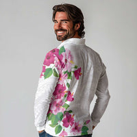 Hawaiian Hibiscus and Art Polynesian Tattoo Long Sleeve Polo Shirt White Color
