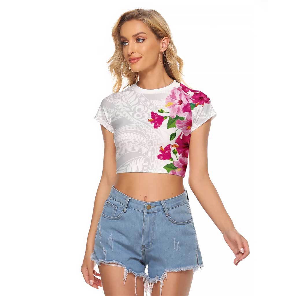Hawaiian Hibiscus and Art Polynesian Tattoo Raglan Cropped T Shirt White Color
