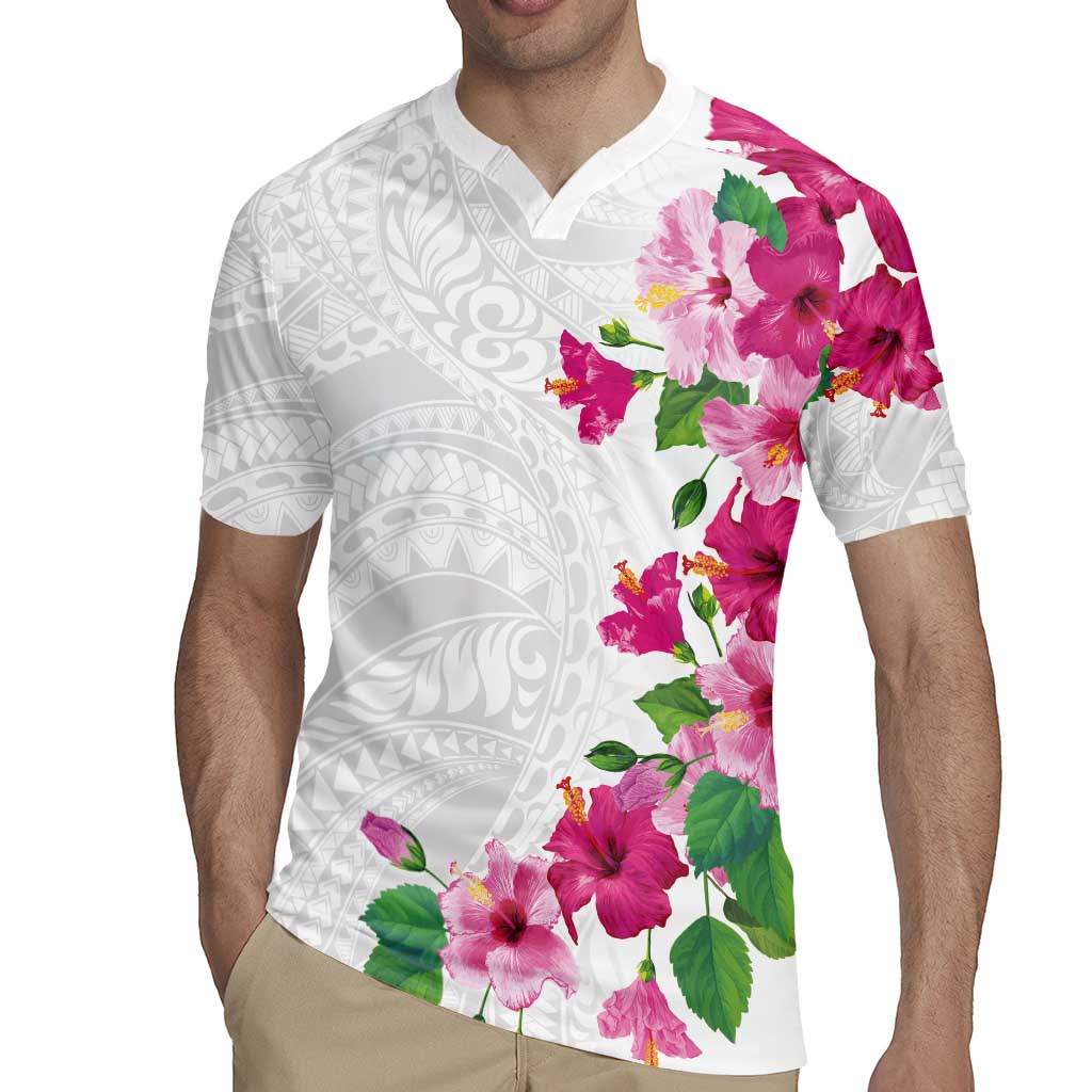 Hawaiian Hibiscus and Art Polynesian Tattoo Rugby Jersey White Color