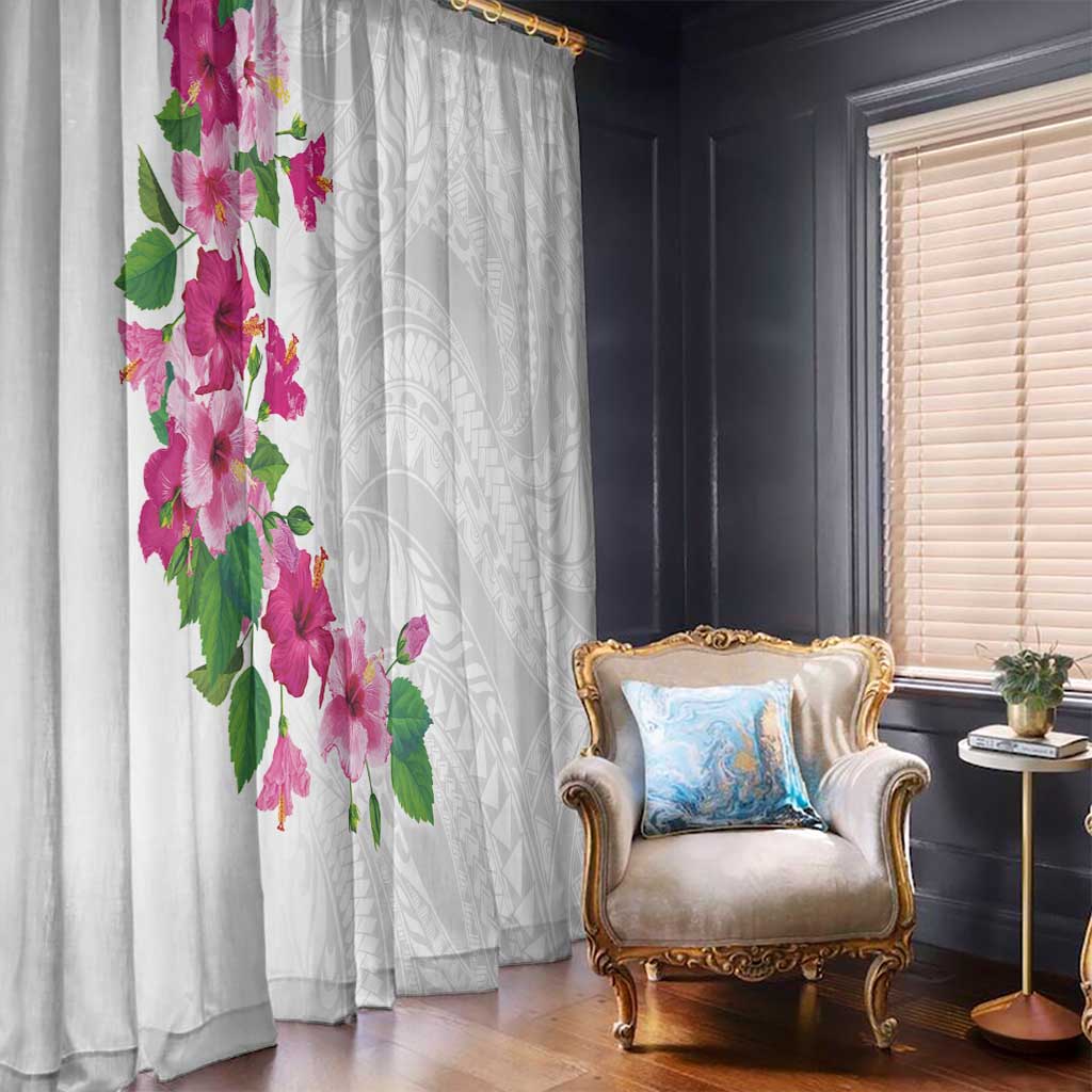 Hawaiian Hibiscus and Art Polynesian Tattoo Window Curtain White Color