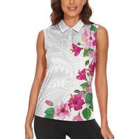 Hawaiian Hibiscus and Art Polynesian Tattoo Women Sleeveless Polo Shirt White Color