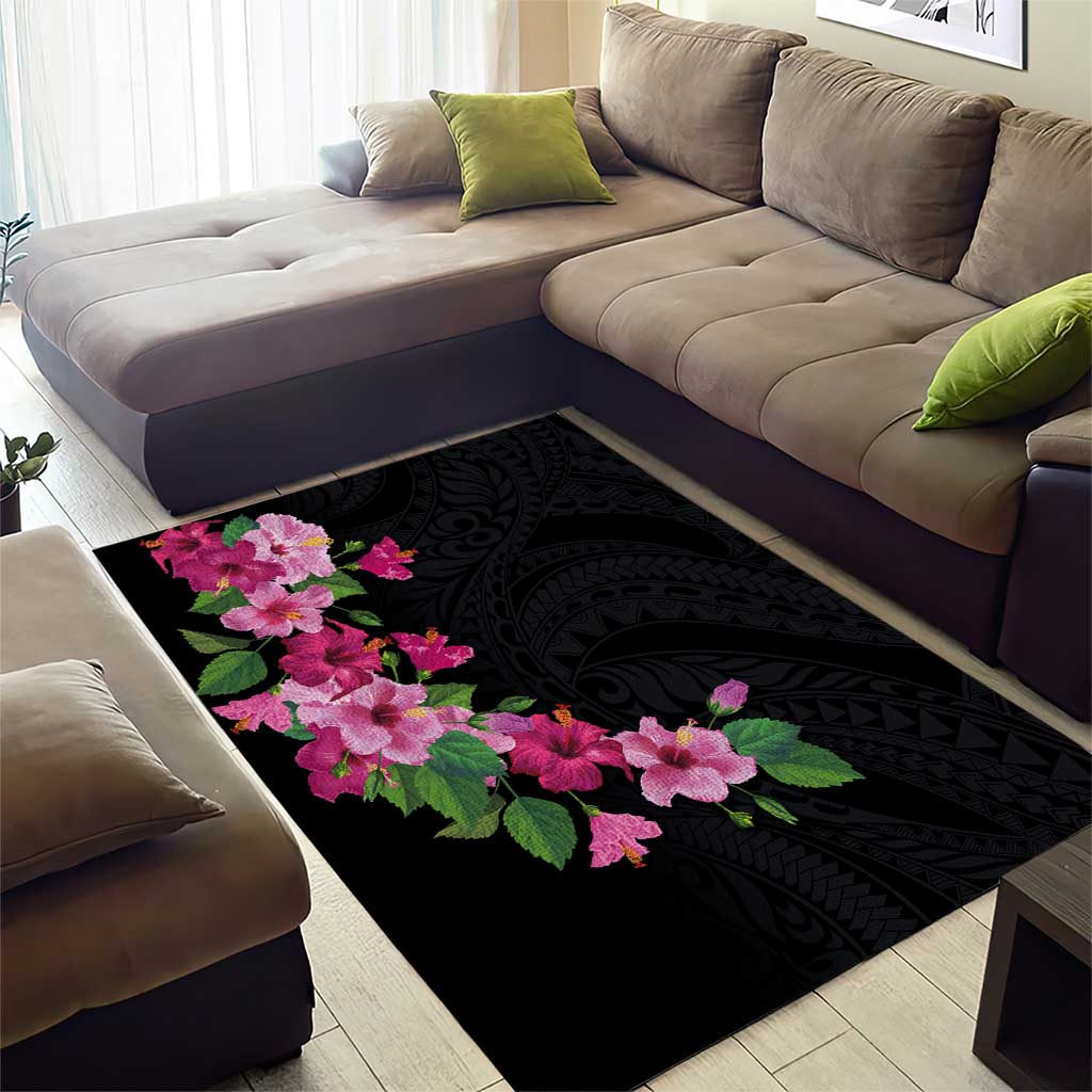 Hawaiian Hibiscus and Art Polynesian Tattoo Area Rug Black Color LT03 - Polynesian Pride