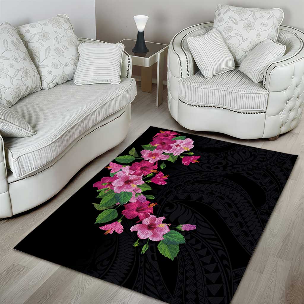 Hawaiian Hibiscus and Art Polynesian Tattoo Area Rug Black Color LT03 - Polynesian Pride