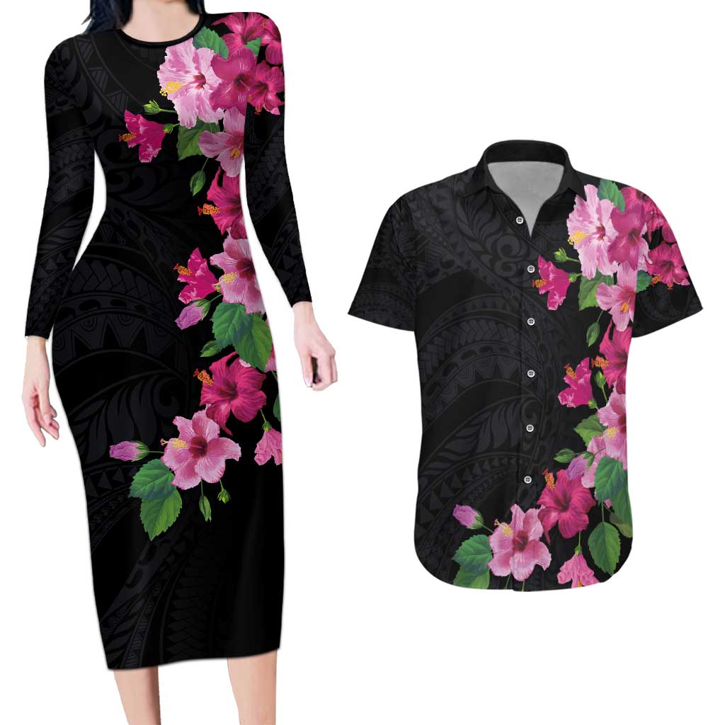 Hawaiian Hibiscus and Art Polynesian Tattoo Couples Matching Long Sleeve Bodycon Dress and Hawaiian Shirt Black Color LT03 Black - Polynesian Pride