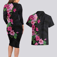 Hawaiian Hibiscus and Art Polynesian Tattoo Couples Matching Long Sleeve Bodycon Dress and Hawaiian Shirt Black Color LT03 - Polynesian Pride