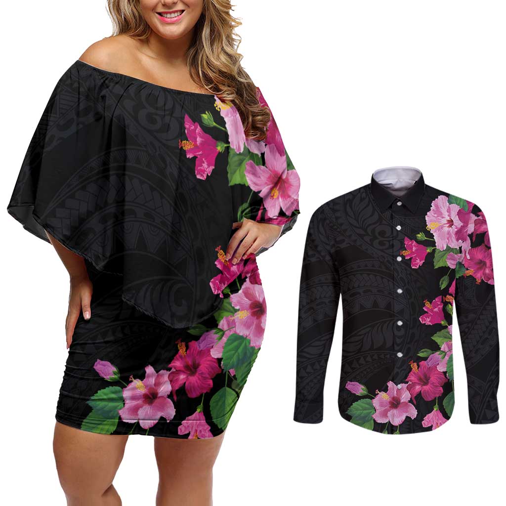 Hawaiian Hibiscus and Art Polynesian Tattoo Couples Matching Off Shoulder Short Dress and Long Sleeve Button Shirt Black Color LT03 Black - Polynesian Pride