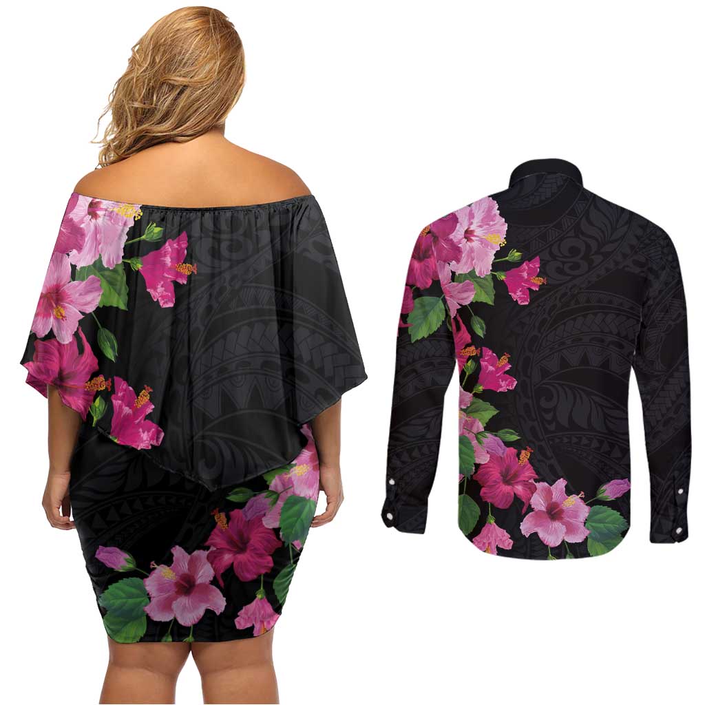 Hawaiian Hibiscus and Art Polynesian Tattoo Couples Matching Off Shoulder Short Dress and Long Sleeve Button Shirt Black Color LT03 - Polynesian Pride