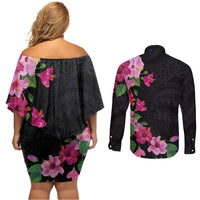 Hawaiian Hibiscus and Art Polynesian Tattoo Couples Matching Off Shoulder Short Dress and Long Sleeve Button Shirt Black Color LT03 - Polynesian Pride