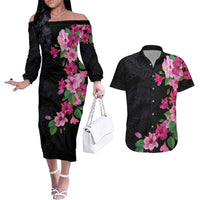 Hawaiian Hibiscus and Art Polynesian Tattoo Couples Matching Off The Shoulder Long Sleeve Dress and Hawaiian Shirt Black Color LT03 Black - Polynesian Pride