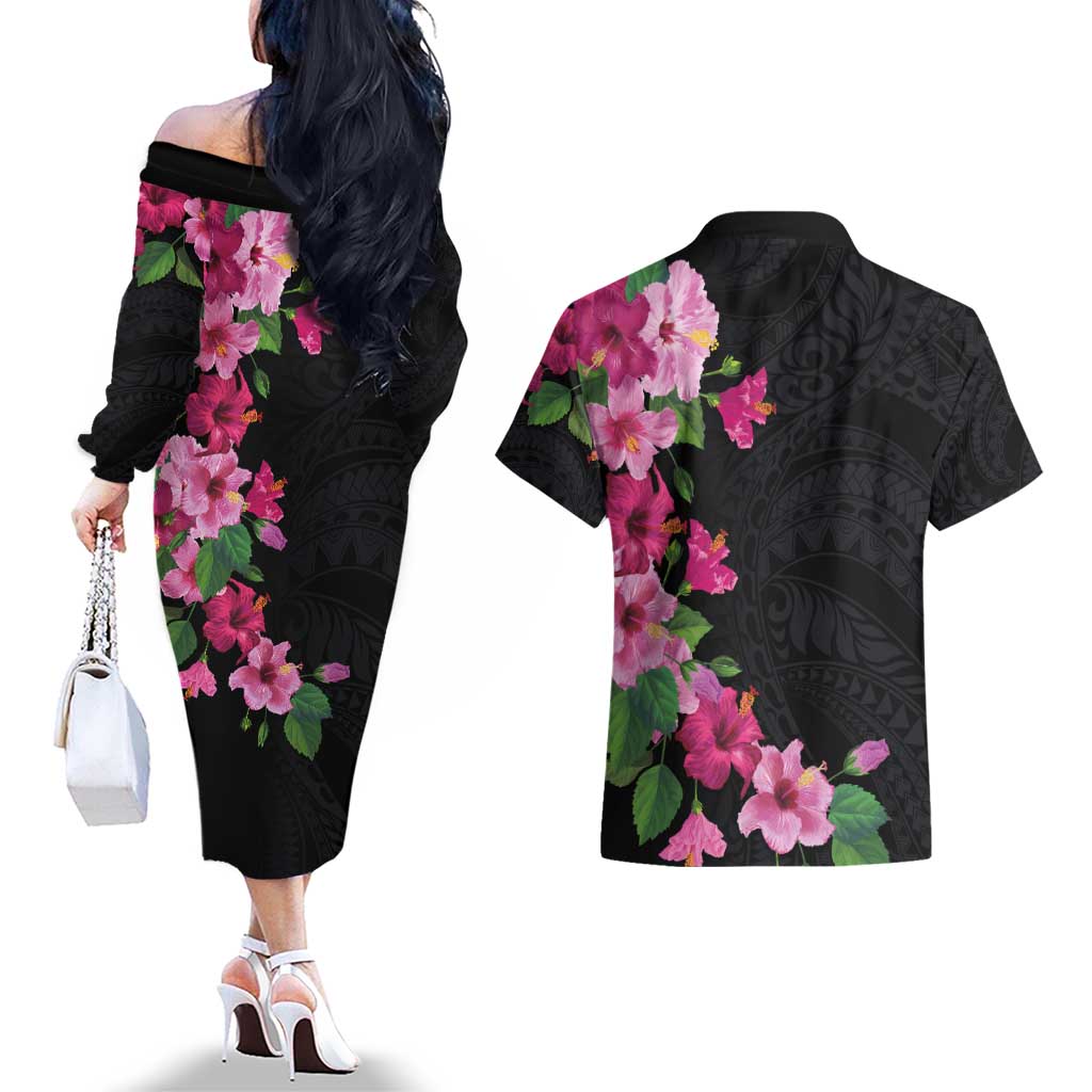 Hawaiian Hibiscus and Art Polynesian Tattoo Couples Matching Off The Shoulder Long Sleeve Dress and Hawaiian Shirt Black Color LT03 - Polynesian Pride