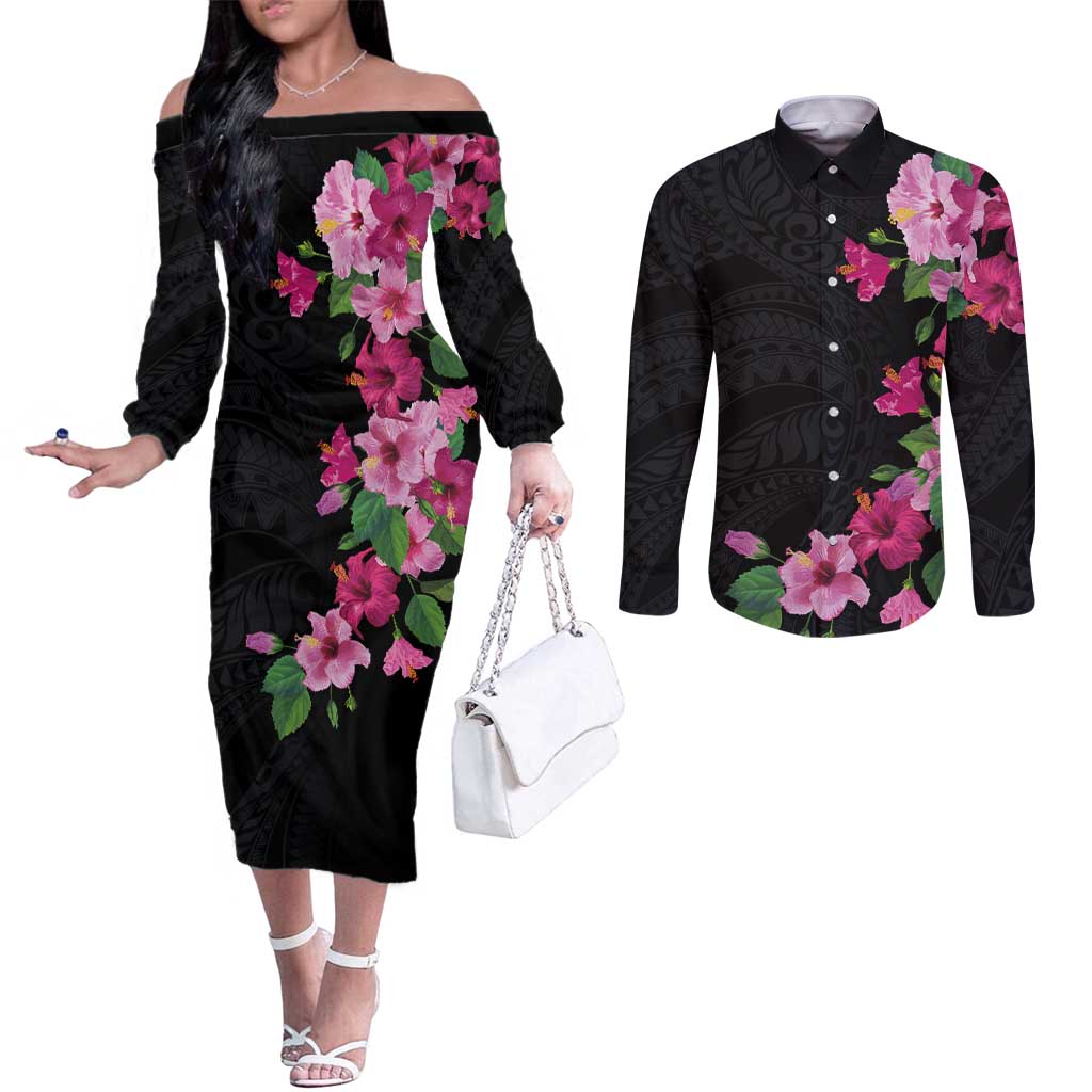 Hawaiian Hibiscus and Art Polynesian Tattoo Couples Matching Off The Shoulder Long Sleeve Dress and Long Sleeve Button Shirt Black Color LT03 Black - Polynesian Pride