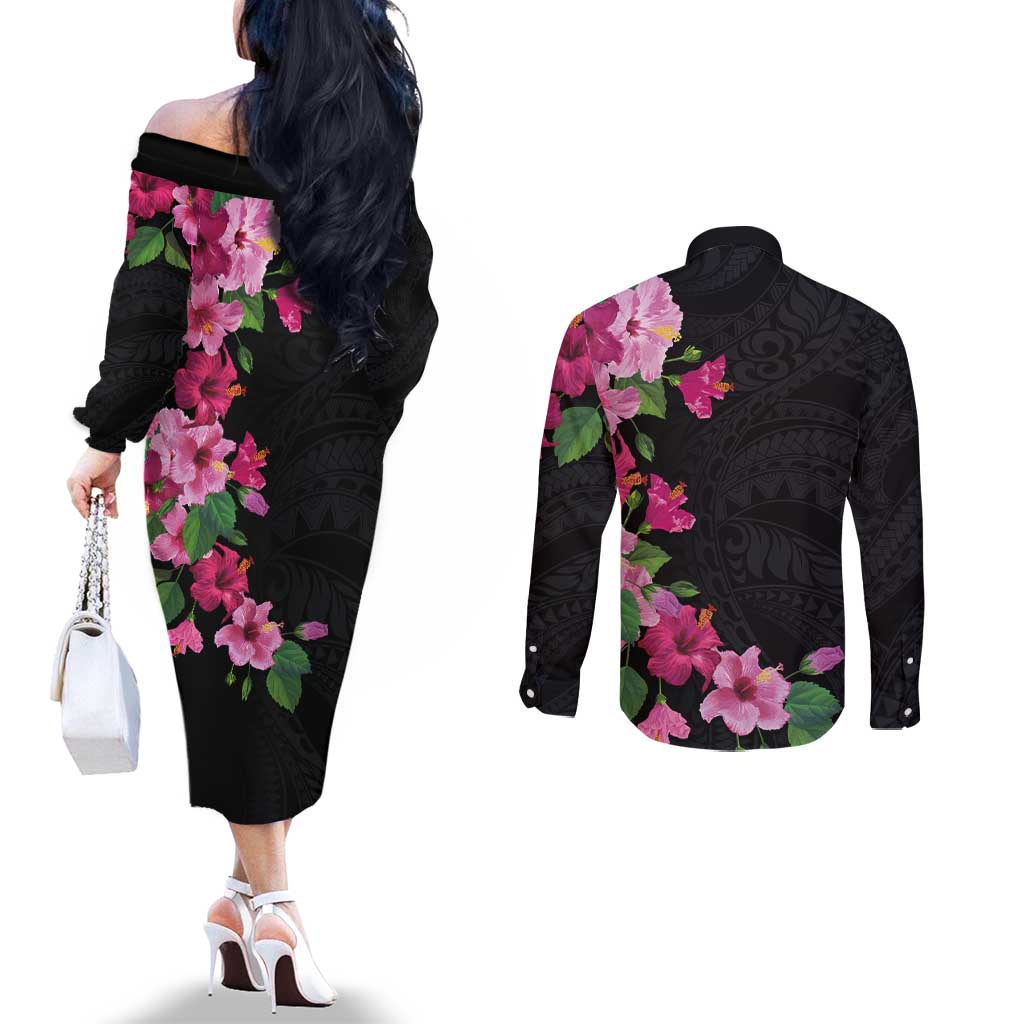Hawaiian Hibiscus and Art Polynesian Tattoo Couples Matching Off The Shoulder Long Sleeve Dress and Long Sleeve Button Shirt Black Color LT03 - Polynesian Pride