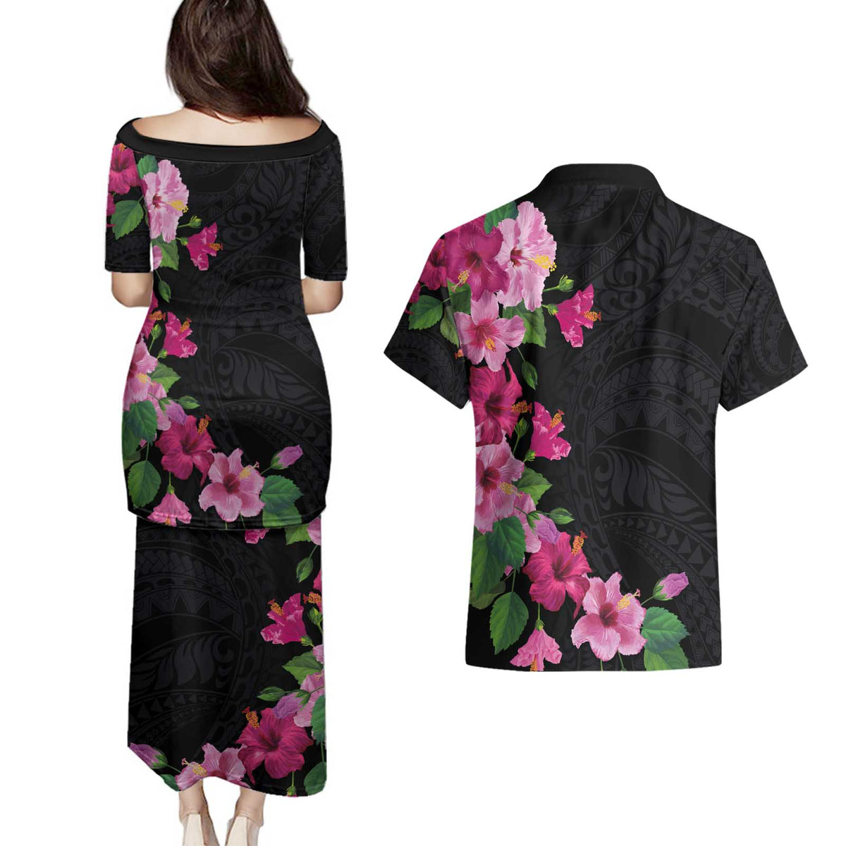 Hawaiian Hibiscus and Art Polynesian Tattoo Couples Matching Puletasi and Hawaiian Shirt Black Color