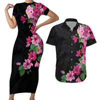 Hawaiian Hibiscus and Art Polynesian Tattoo Couples Matching Short Sleeve Bodycon Dress and Hawaiian Shirt Black Color LT03 Black - Polynesian Pride