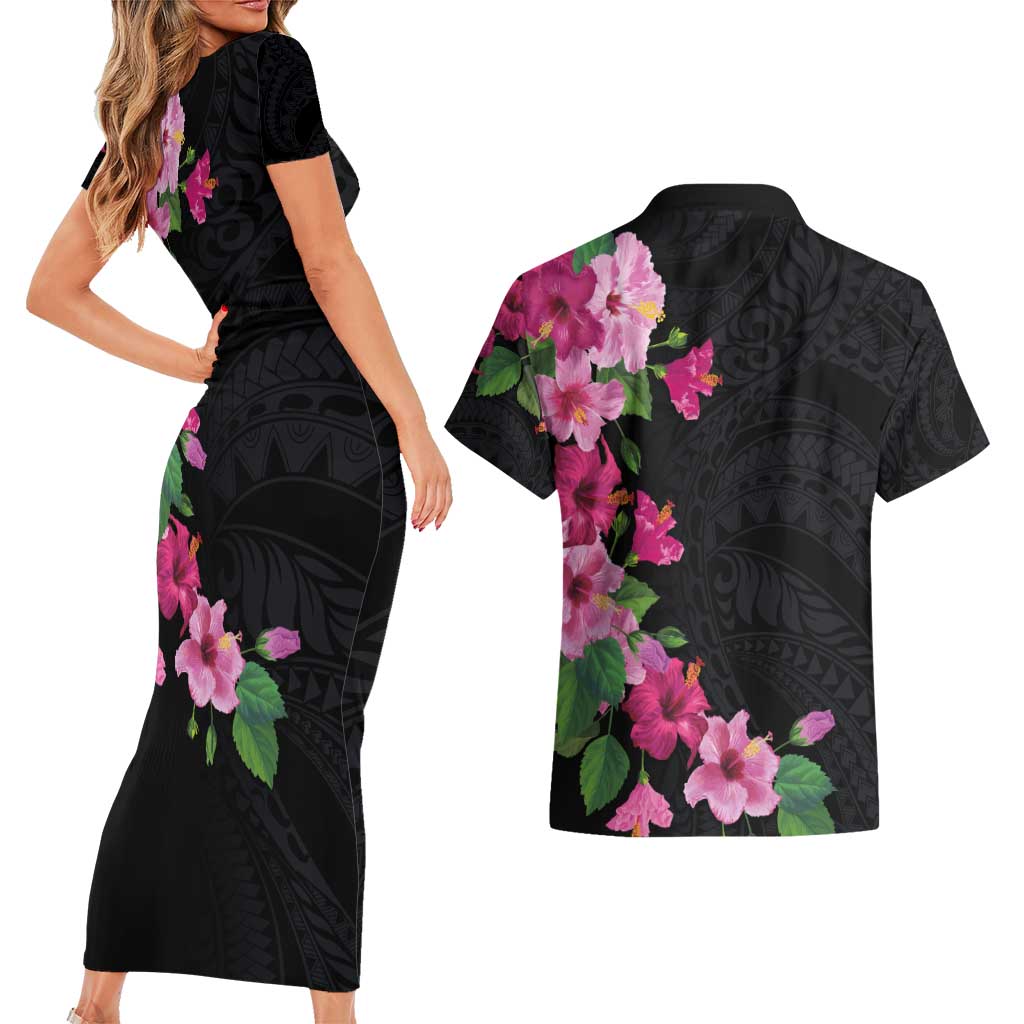 Hawaiian Hibiscus and Art Polynesian Tattoo Couples Matching Short Sleeve Bodycon Dress and Hawaiian Shirt Black Color LT03 - Polynesian Pride