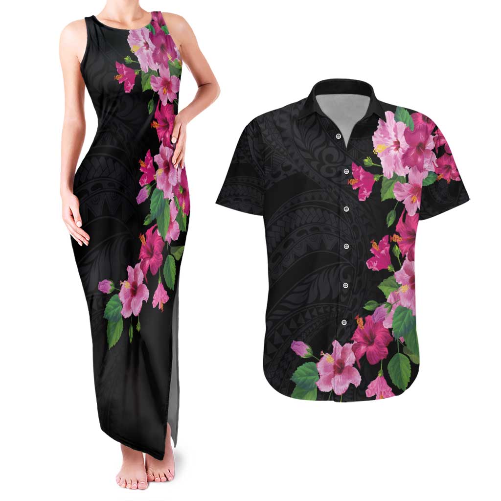 Hawaiian Hibiscus and Art Polynesian Tattoo Couples Matching Tank Maxi Dress and Hawaiian Shirt Black Color LT03 Black - Polynesian Pride