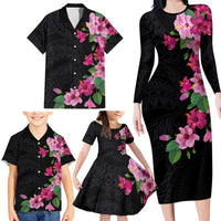 Hawaiian Hibiscus and Art Polynesian Tattoo Family Matching Long Sleeve Bodycon Dress and Hawaiian Shirt Black Color LT03 - Polynesian Pride