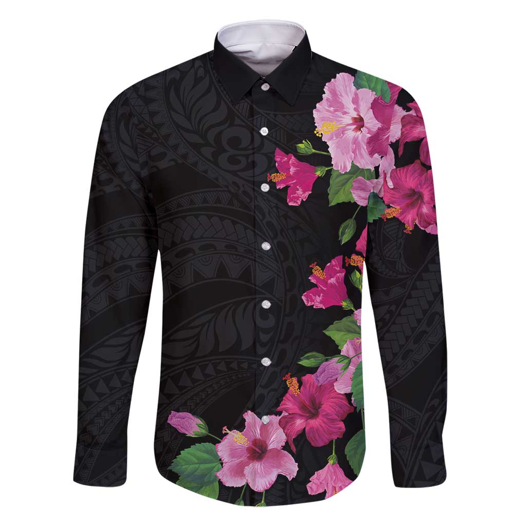 Hawaiian Hibiscus and Art Polynesian Tattoo Family Matching Long Sleeve Bodycon Dress and Hawaiian Shirt Black Color LT03 Dad's Shirt - Long Sleeve Black - Polynesian Pride