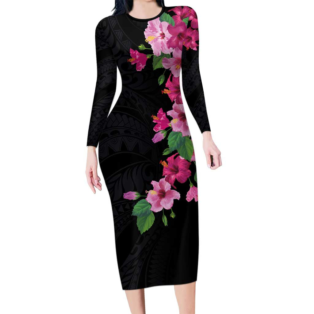 Hawaiian Hibiscus and Art Polynesian Tattoo Family Matching Long Sleeve Bodycon Dress and Hawaiian Shirt Black Color LT03 Mom's Dress Black - Polynesian Pride