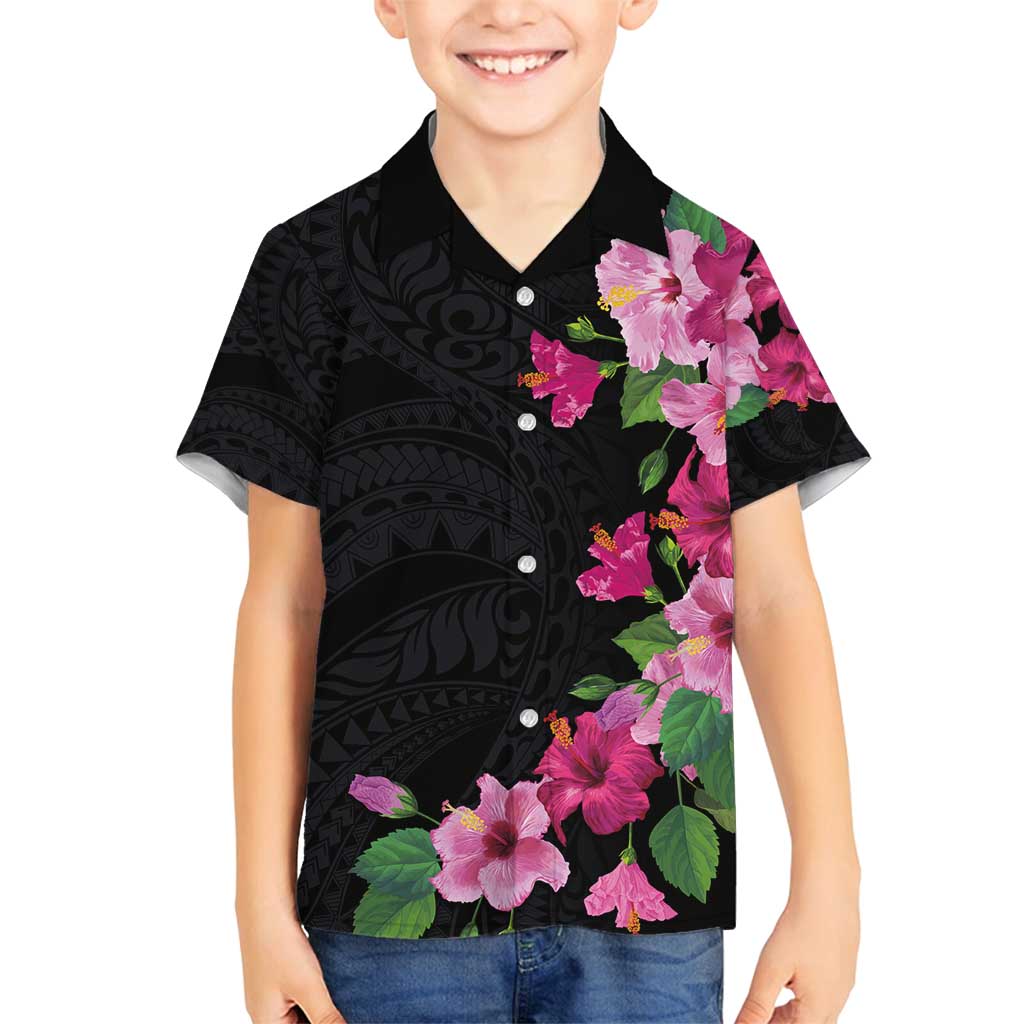 Hawaiian Hibiscus and Art Polynesian Tattoo Family Matching Long Sleeve Bodycon Dress and Hawaiian Shirt Black Color LT03 Son's Shirt Black - Polynesian Pride