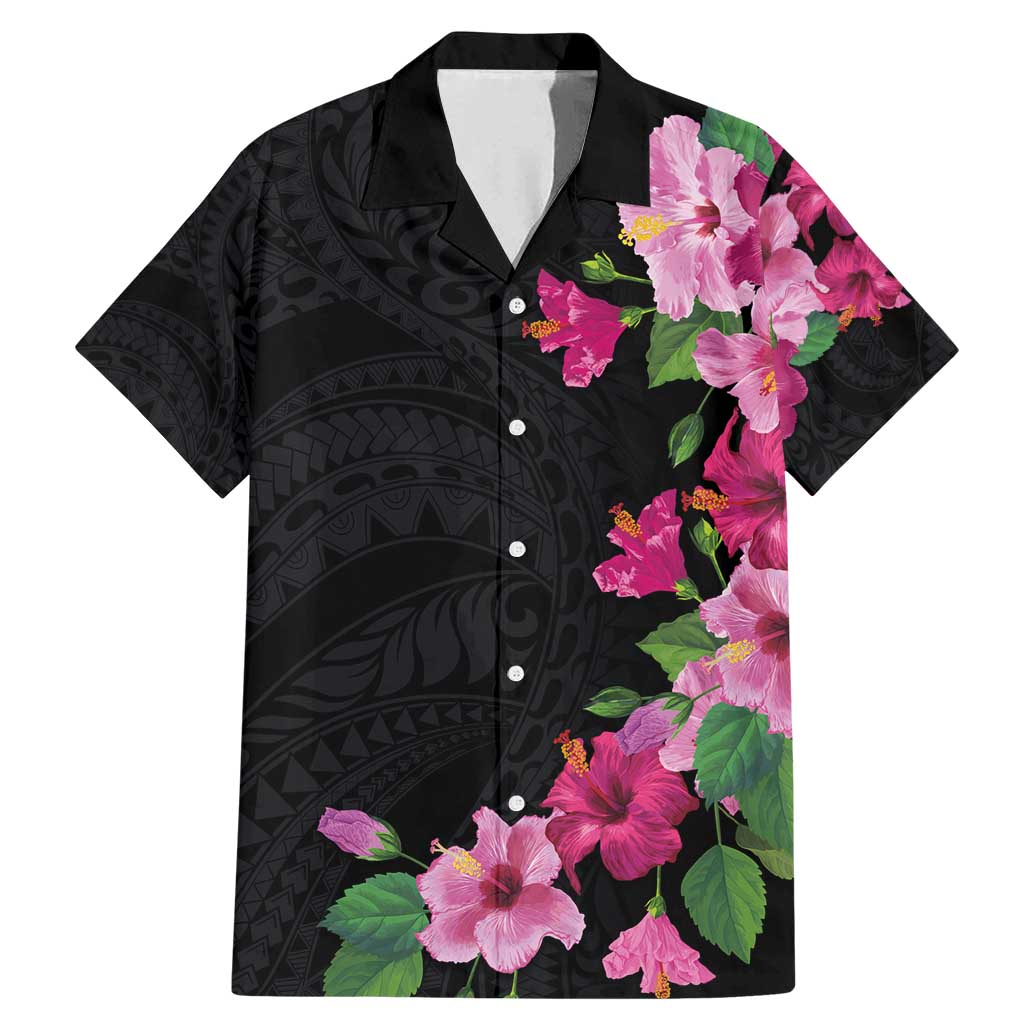 Hawaiian Hibiscus and Art Polynesian Tattoo Family Matching Mermaid Dress and Hawaiian Shirt Black Color LT03 Dad's Shirt - Short Sleeve Black - Polynesian Pride