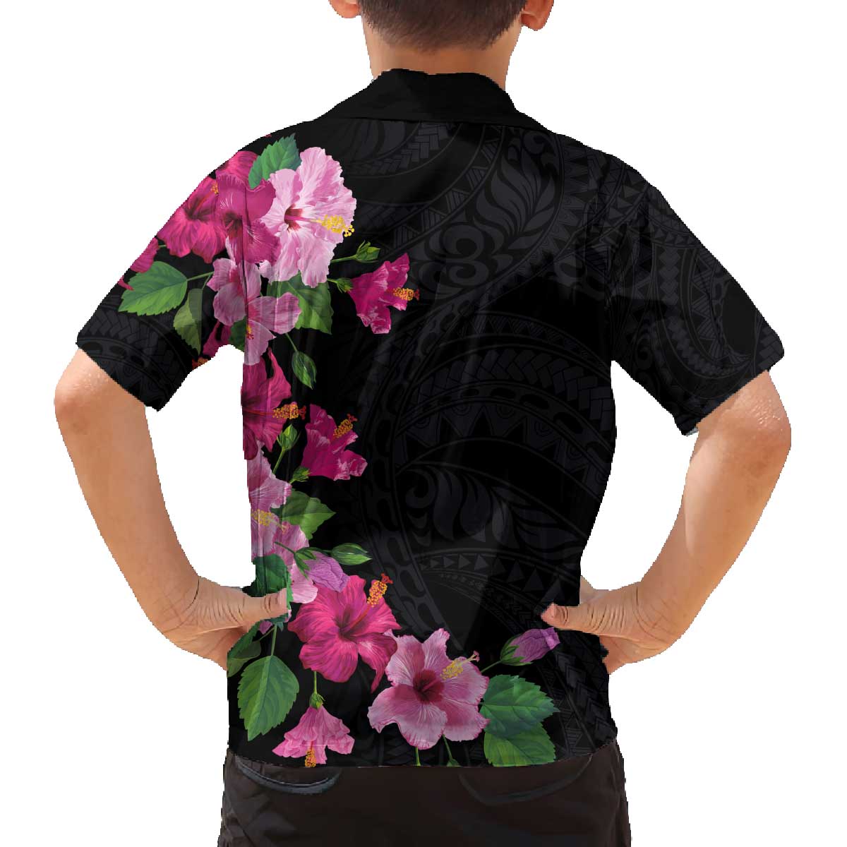 Hawaiian Hibiscus and Art Polynesian Tattoo Family Matching Off The Shoulder Long Sleeve Dress and Hawaiian Shirt Black Color LT03 - Polynesian Pride