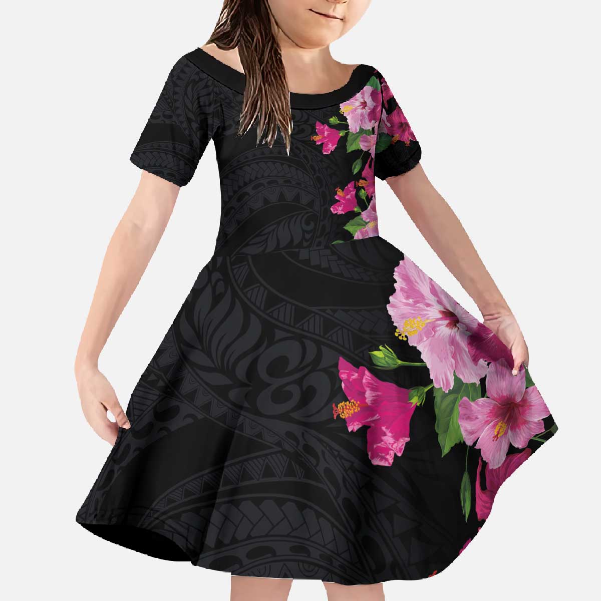 Hawaiian Hibiscus and Art Polynesian Tattoo Family Matching Off The Shoulder Long Sleeve Dress and Hawaiian Shirt Black Color LT03 Daughter's Dress Black - Polynesian Pride
