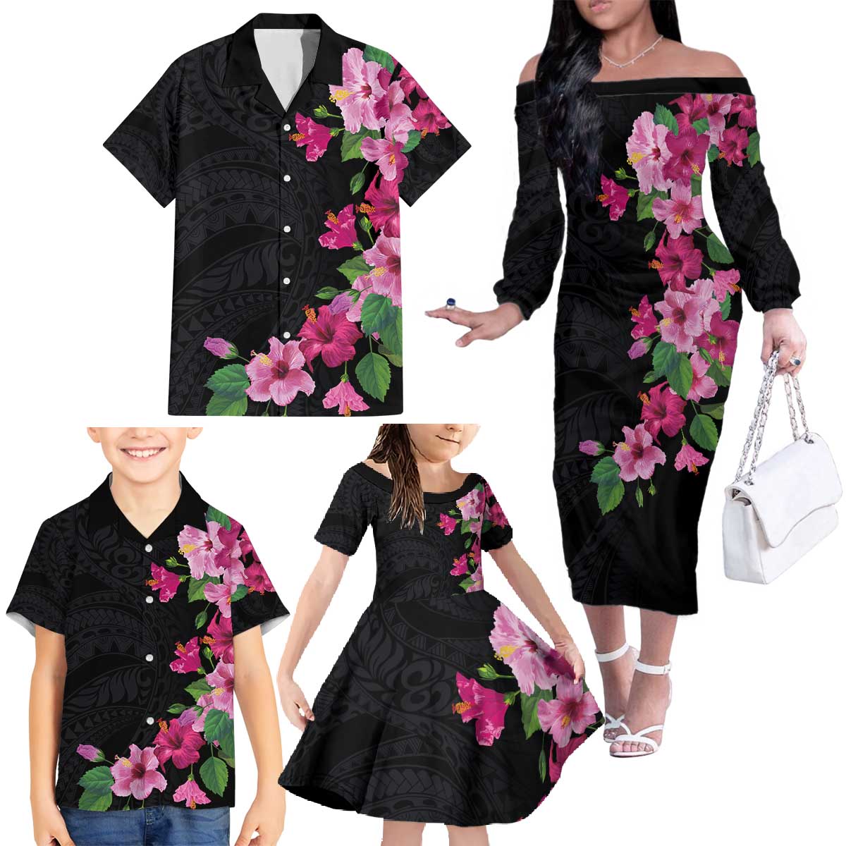 Hawaiian Hibiscus and Art Polynesian Tattoo Family Matching Off The Shoulder Long Sleeve Dress and Hawaiian Shirt Black Color LT03 - Polynesian Pride