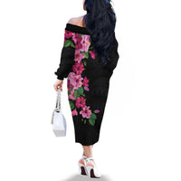 Hawaiian Hibiscus and Art Polynesian Tattoo Family Matching Off The Shoulder Long Sleeve Dress and Hawaiian Shirt Black Color LT03 - Polynesian Pride