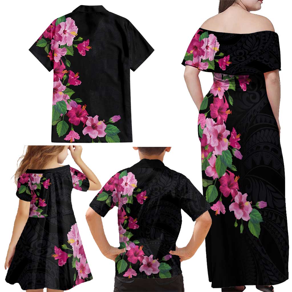 Hawaiian Hibiscus and Art Polynesian Tattoo Family Matching Off Shoulder Maxi Dress and Hawaiian Shirt Black Color LT03 - Polynesian Pride